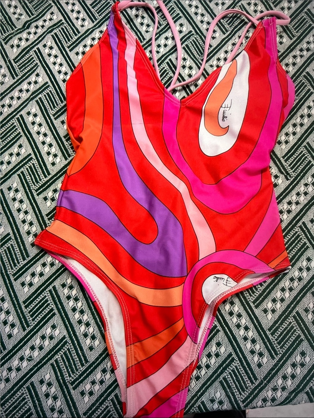 Emilio Pucci Red Pink Orange Abstract Swirl One-Piece